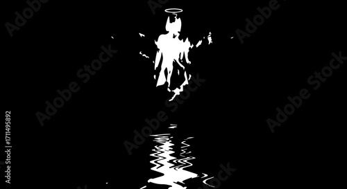 Mystical angelic figure with halo and wings reflected in shimmering water, evoking peace and spirituality.
