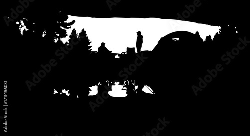 Serene camping scene with tents and figures amidst trees, evoking outdoor adventure and tranquility.
