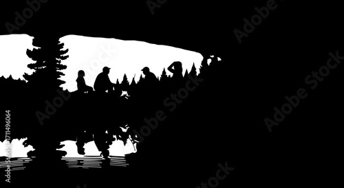 Silhouetted hikers gather by serene lake reflecting dark forest, inspiring adventure and tranquility