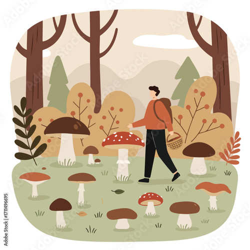 A man foraging for mushrooms in an autumnal forest, carrying a basket. Vector illustration