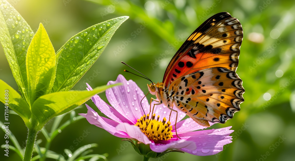 Obraz premium Vibrant butterfly perched on pink flower collecting nectar in a sunny summer garden