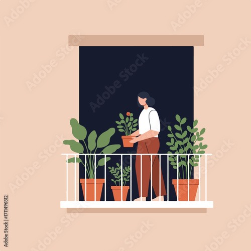 Woman tending potted plants on a balcony with white railing and neutral color palette
