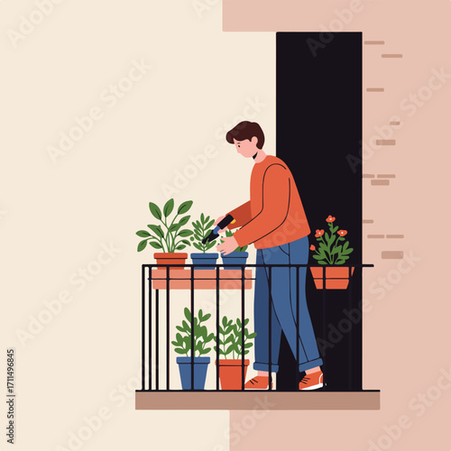 Gardener tends to plants in pots, arranged on a balcony with muted earth tone colors