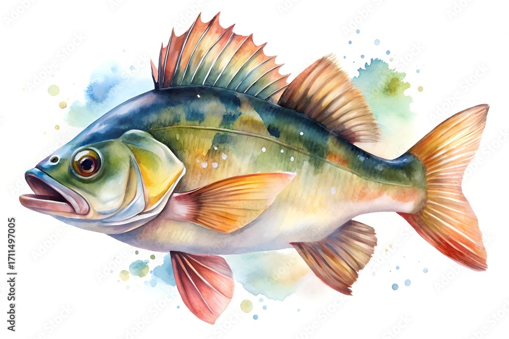 Fototapeta premium Watercolor Illustration of a Perch Fish with Detailed Fins and Scales