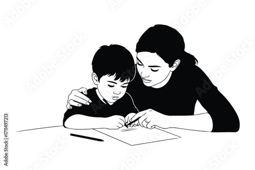 Silhouette of a mother teaching her child, symbolizing family care, education, and parenting.