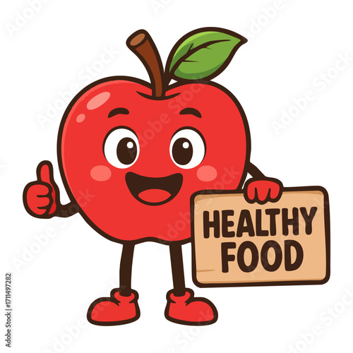 Apple cartoon character promoting healthy food with a sign.