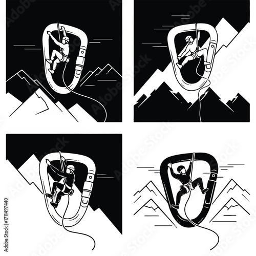 Monochrome illustrations of rock climbers on carabiners with mountain landscapes, depicting various climbing scenarios.
