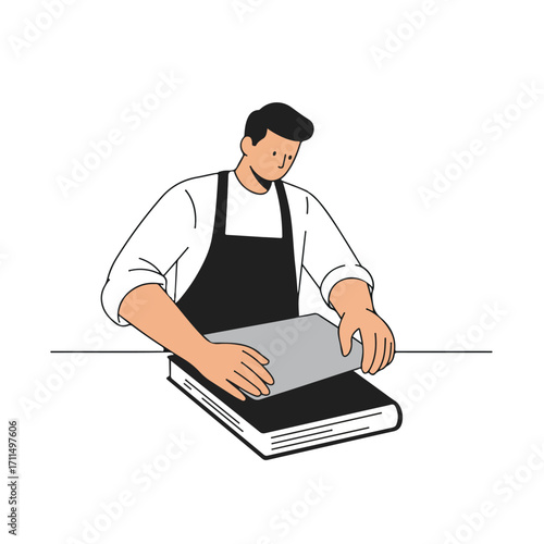 Stylized art depicting a man applying a protector sheet on a book, neutral backdrop