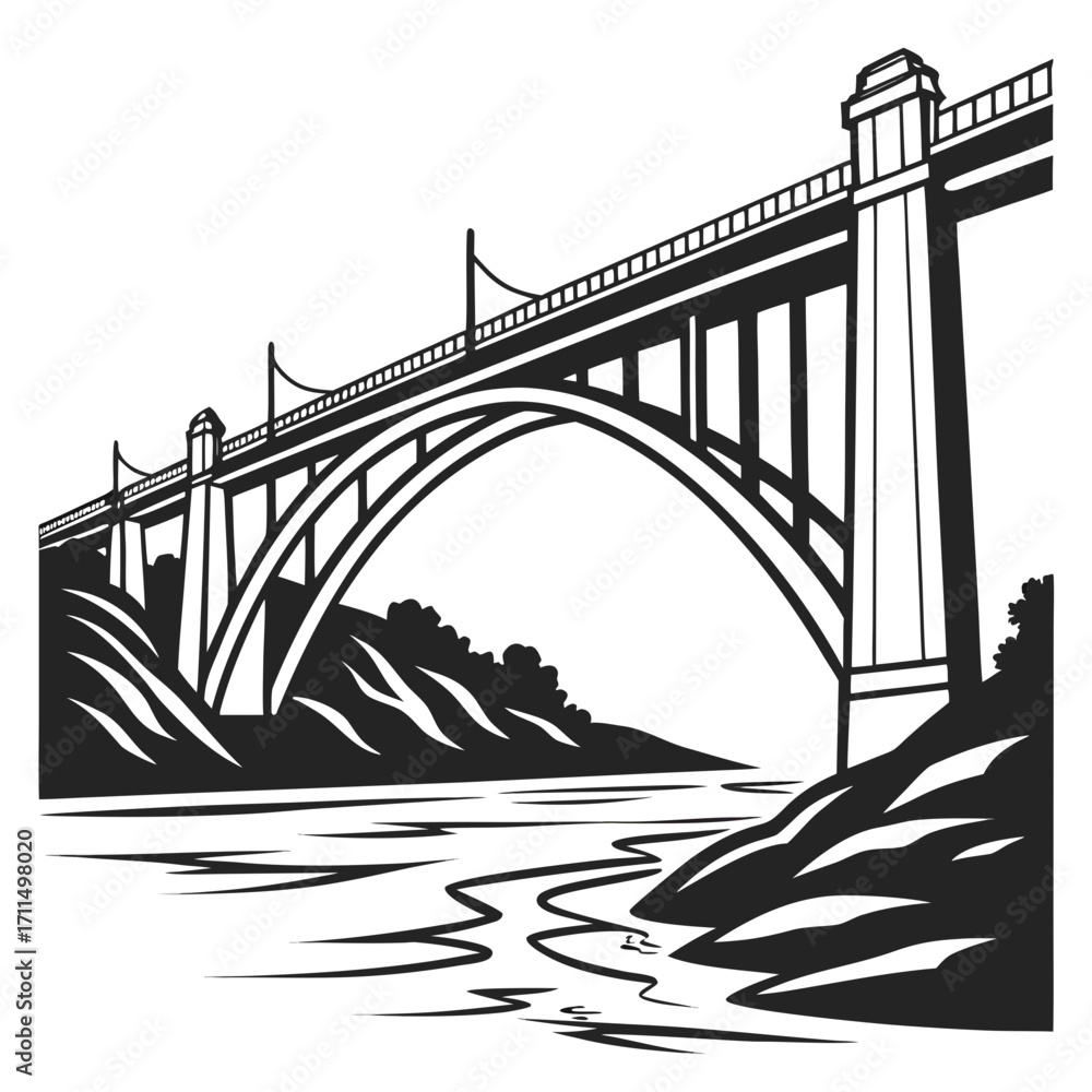 Obraz premium A dramatic black and white illustration of a large arched bridge spanning over a winding river with rocky banks and distant trees