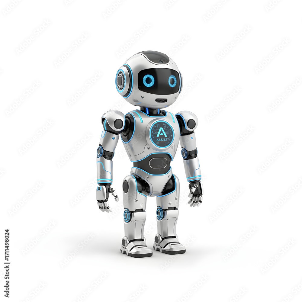 Fototapeta premium A small humanoid AI robot assistant, isolated on clean white background.
