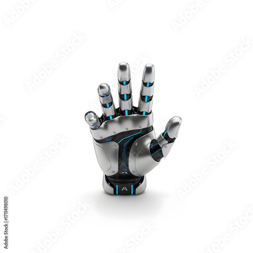 Robotic hand reaching forward, isolated on pure white background.