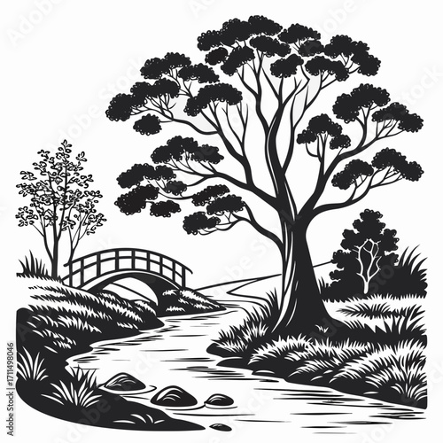 Serene black and white illustration of a tranquil landscape featuring a winding river a charming arched bridge and lush trees with dense foliage evoking a sense of peace and natural beauty