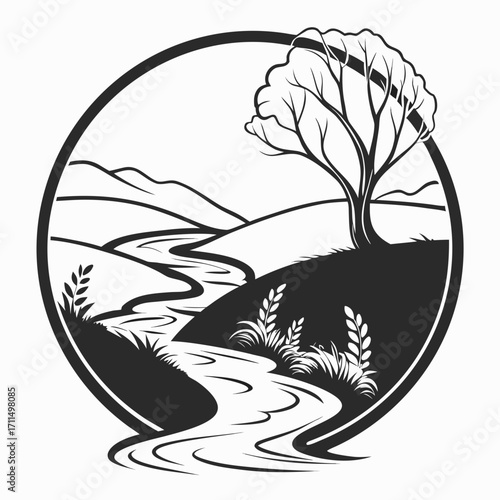 Stylized black and white illustration of a winding river flowing through rolling hills with a solitary tree on a hilltop within a circular frame