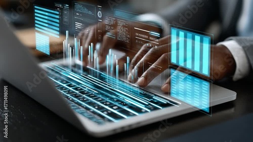Data Analysis:  A professional meticulously analyzes complex data visualizations on a laptop, embodying the essence of digital transformation and technological progress.