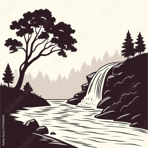 Stylized silhouette of a majestic waterfall cascading down a rocky cliff into a serene river surrounded by lush trees and a dense forest creating a peaceful natural landscape
