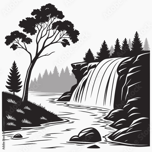 A striking black and white illustration of a majestic waterfall cascading down rugged cliffs surrounded by lush trees and a serene river flowing through the landscape