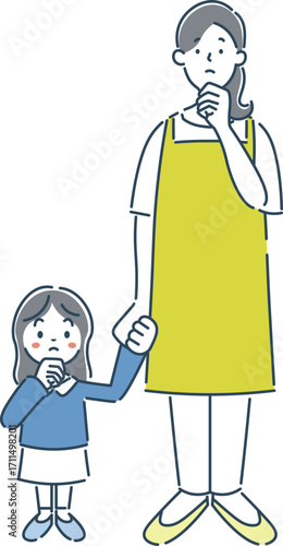 考えている女性保育士と女の子の園児のシンプルな線画イラスト素材