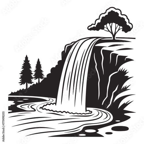 Stylized black and white illustration of a majestic waterfall cascading over a cliff edge into a flowing river surrounded by pine trees and a single large tree on the plateau