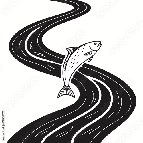 A stylized black and white illustration of a single fish leaping upstream against the current of a winding river symbolizing determination and overcoming challenges