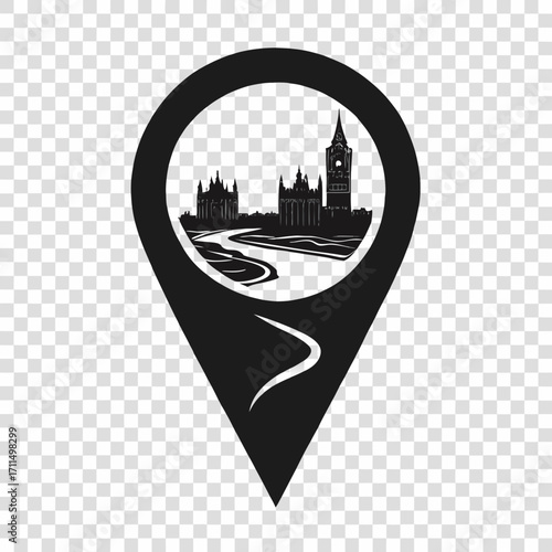 Iconic london landmark silhouette within a black map pin marker representing a travel destination or point of interest
