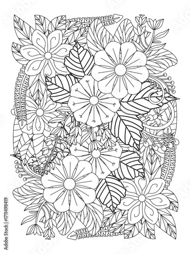 Flower pattern. Flower coloring page for adult and kids.