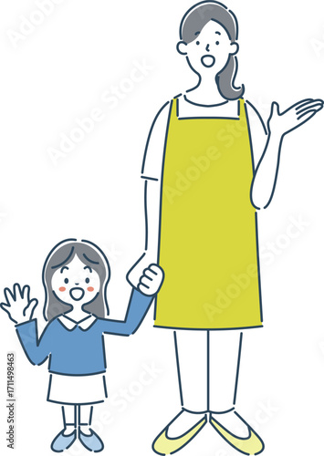 案内している女性保育士と女の子の園児のシンプルな線画イラスト素材