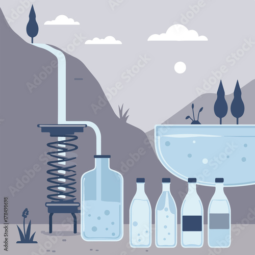 Minimalist illustration of water flowing into bottles within a serene mountain landscape