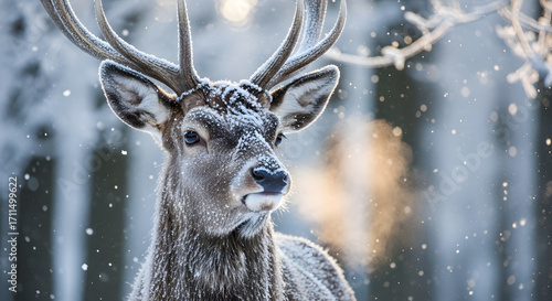 Majestic deer in winter wonderland with frosted antlers, peaceful serene nature scene