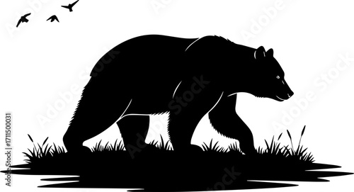 Powerful bear silhouette prowls through tall grass, evoking wild nature and untamed freedom for your designs.