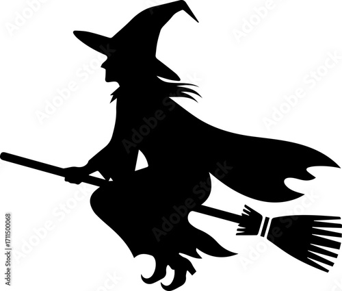 Mysterious silhouette of a witch flying on a broomstick under the moonlight, perfect for Halloween