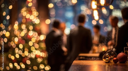 Office party celebrating Christmas in festive atmosphere with decorations  