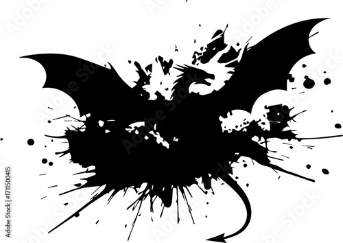 Dynamic dragon silhouette emerges from abstract ink splash, a powerful symbol for fantasy and design
