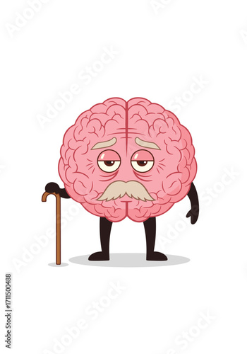 An Old Tired Brain Character With a Cane and Mustache Represents Aging and Cognitive Decline
