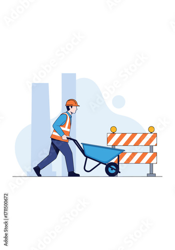 Construction Worker Pushing Wheelbarrow Past Road Barrier and Barricade Elements Symbolizing Progress and Obstacles