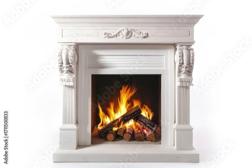 A classic white fireplace with a roaring fire and neatly stacked logs.