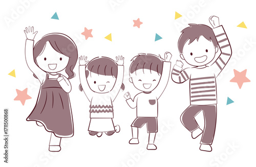 やったー！と大喜びでジャンプする4人家族