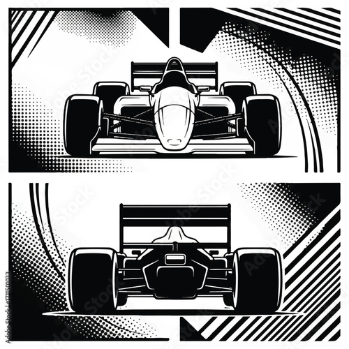 Black and white vector illustration of a Formula One race car from front and rear views.