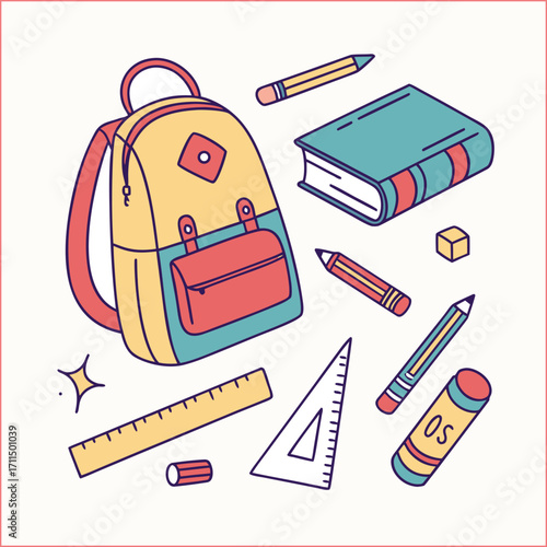 Back to school set. Cute school stationery, supplies collection for students education. hand drawn watercolor illustrations isolated on white transparent background, clip art cut out elements
