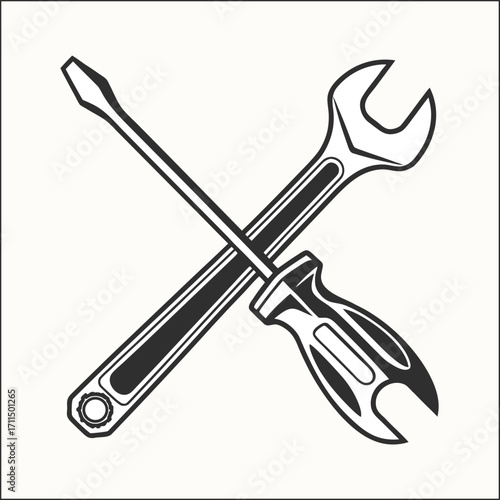 Simple line art icon of a hammer and wrench crossed together on a white background
