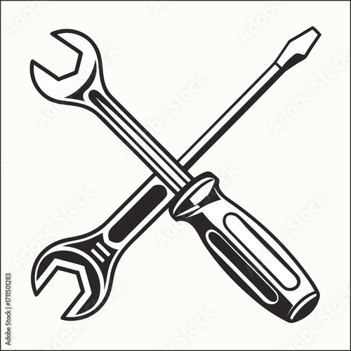 Simple line art icon of a hammer and wrench crossed together on a white background
