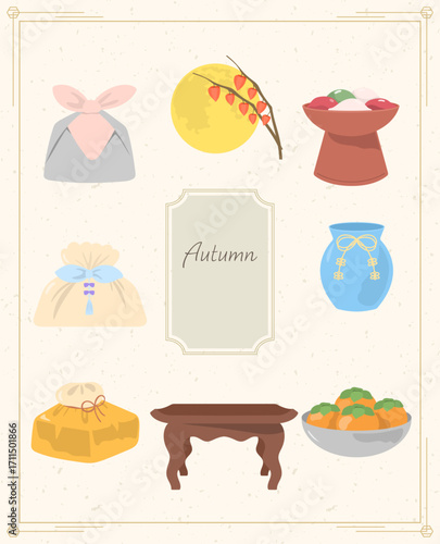 Vector template with Korean traditional holiday elements such as wrapped gift boxes, wooden table, ceramics, persimmons, and songpyeon