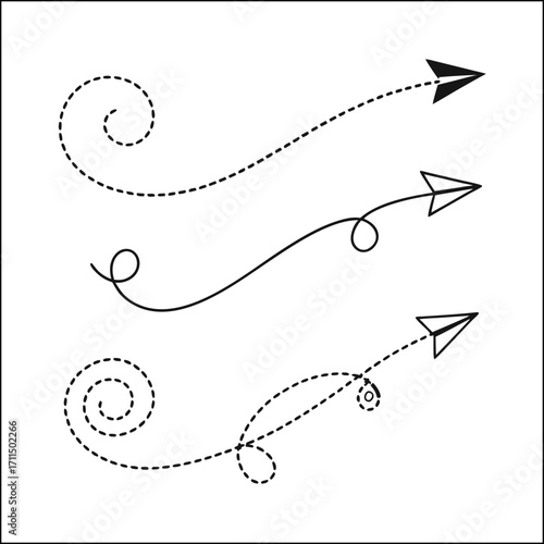 set of arrows hand drawn with brush black curved lines, line arrows, volumetric arrow, spiral arrows, arrow circle, dotted arrows
