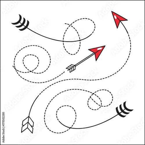 set of arrows hand drawn with brush black curved lines, line arrows, volumetric arrow, spiral arrows, arrow circle, dotted arrows
