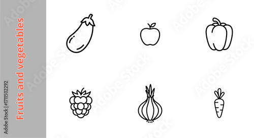 Fruits and vegetables icon set in simple line art style  