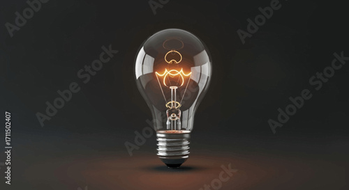 Conceptual image of a single lit lightbulb symbolizing a brilliant idea, solution, and discovery on a dark background