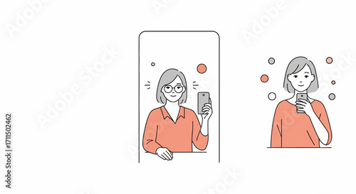 Digital communication and social media trends illustrated with people using smartphones for selfies and video calls