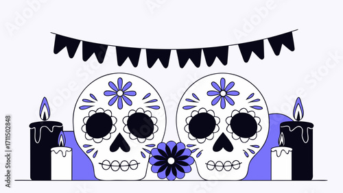 Illustration of two sugar skulls with floral decorations and candles under a festive banner design on transparent background silhouette