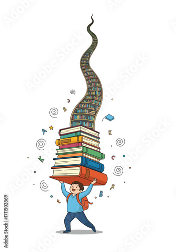 Student Carrying A Towering Stack Of Knowledge Absorbing Information From Books To Expand Their Mind