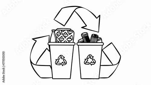 Two recycling bins filled with recyclable materials and recycle symbol in monochrome style drawing on transparent background silhouette