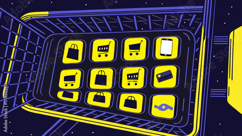 A shopping cart filled with various app icons representing online retail and e commerce services on transparent background silhouette